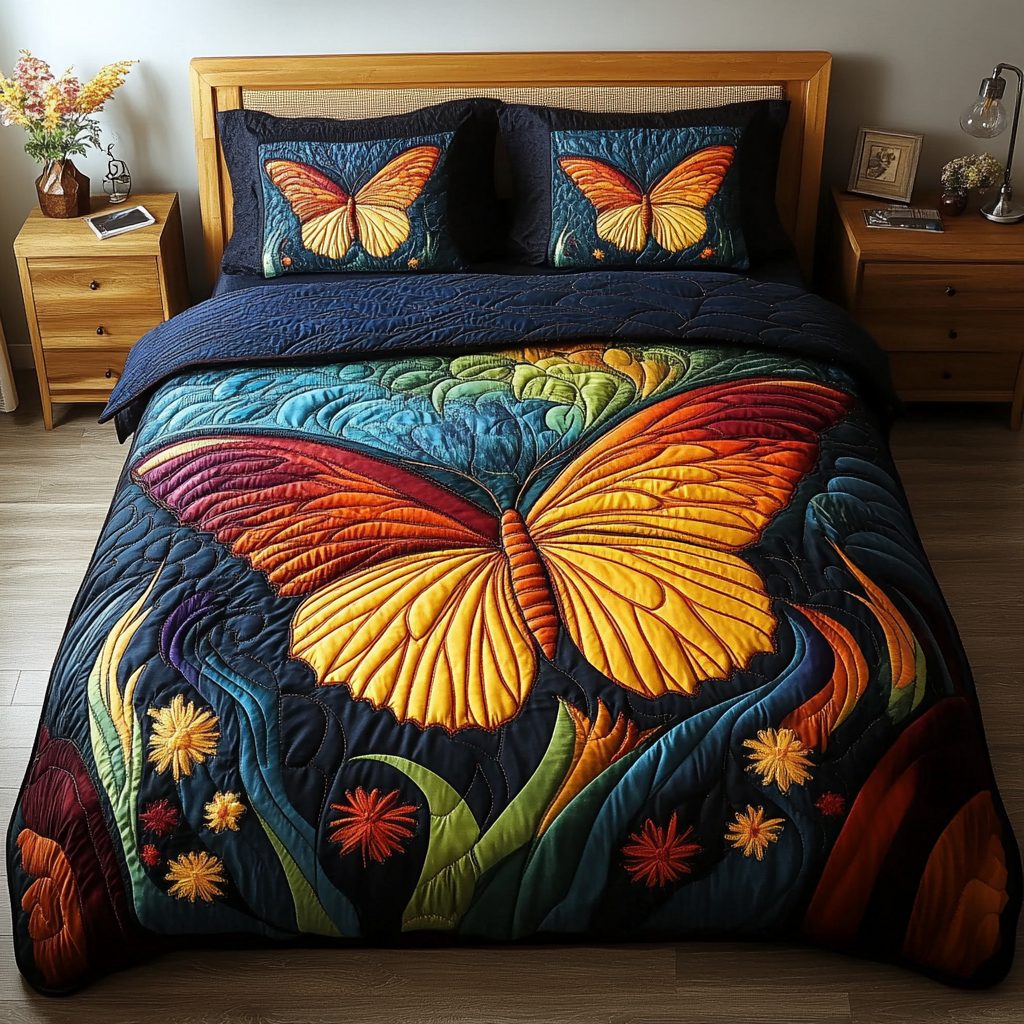 Floating Petals quilted 3-piece bedding set on a made bed with two matching pillow shams