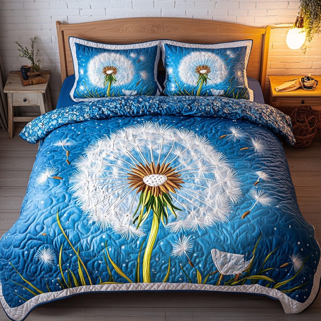 Floating Seeds quilted 3-piece bedding set on a made bed with two matching pillow shams