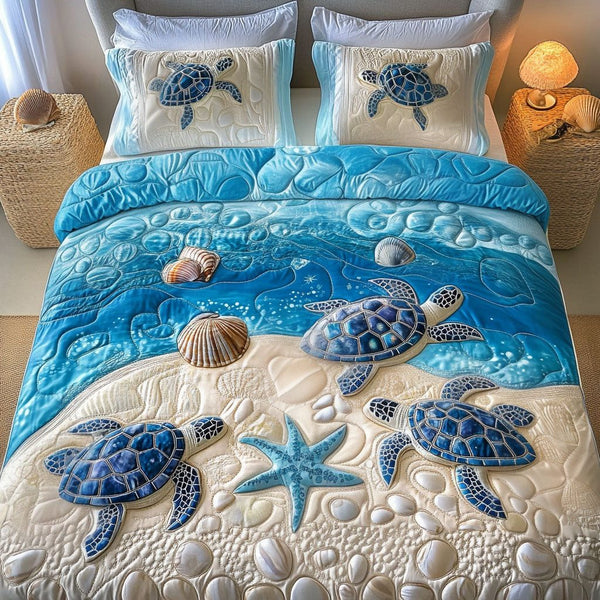 Floating Shell Magic quilted 3-piece bedding set on a made bed in a light coastal bedroom