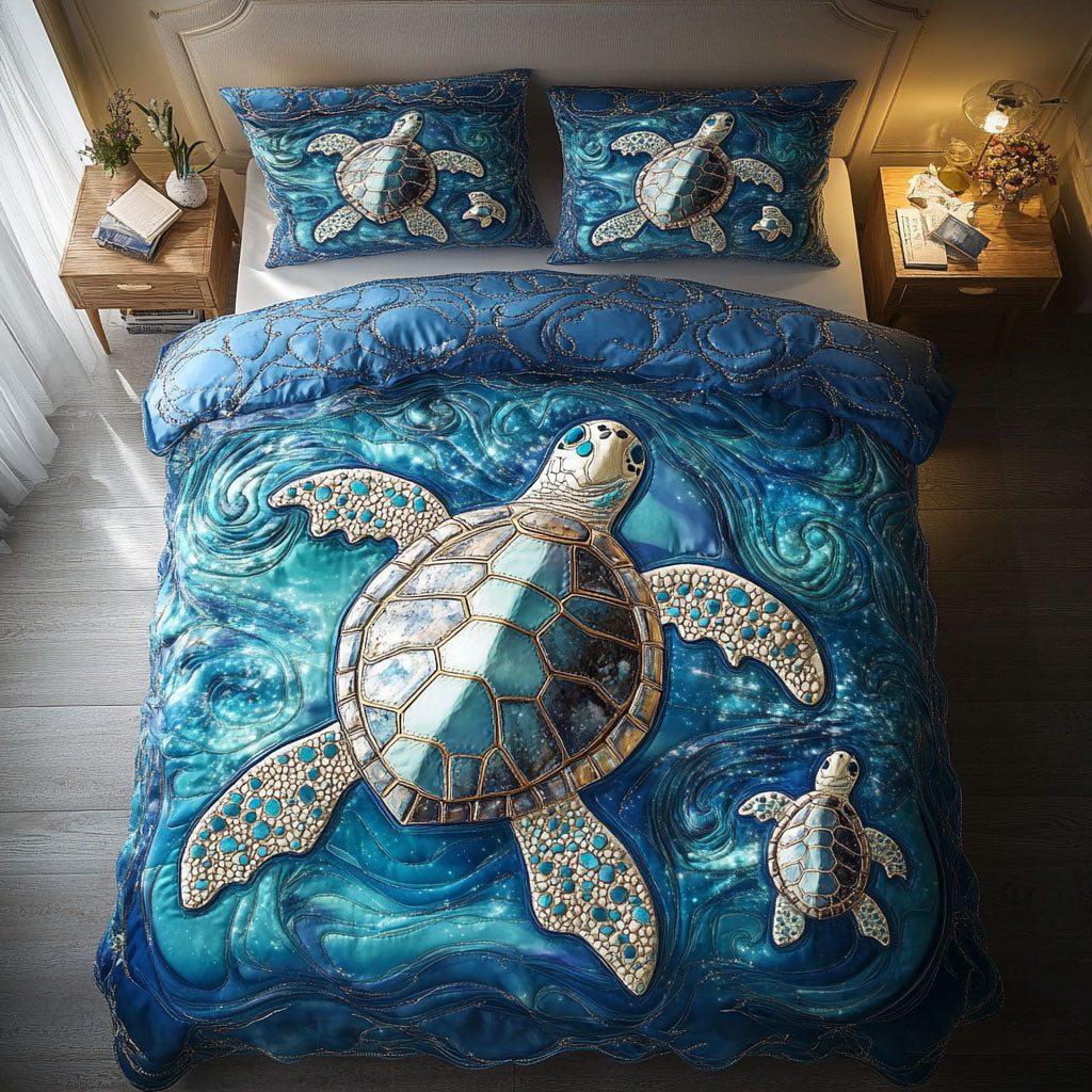 Floating Shell Magic quilted 3-piece bedding set on a made bed in a light coastal bedroom