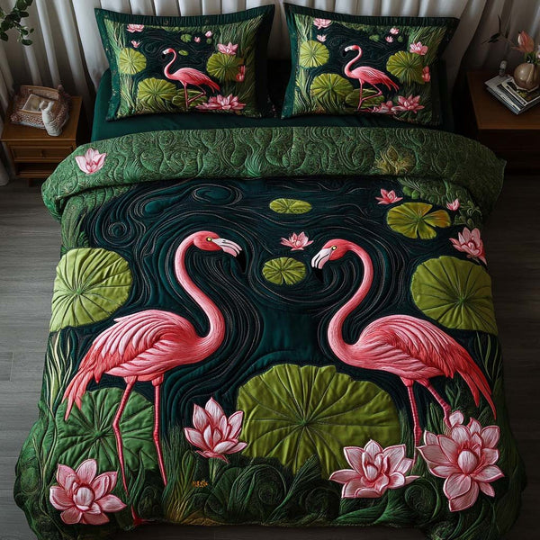 Floaty Flamingo quilted 3-piece bedding set on a made bed with two matching pillow shams