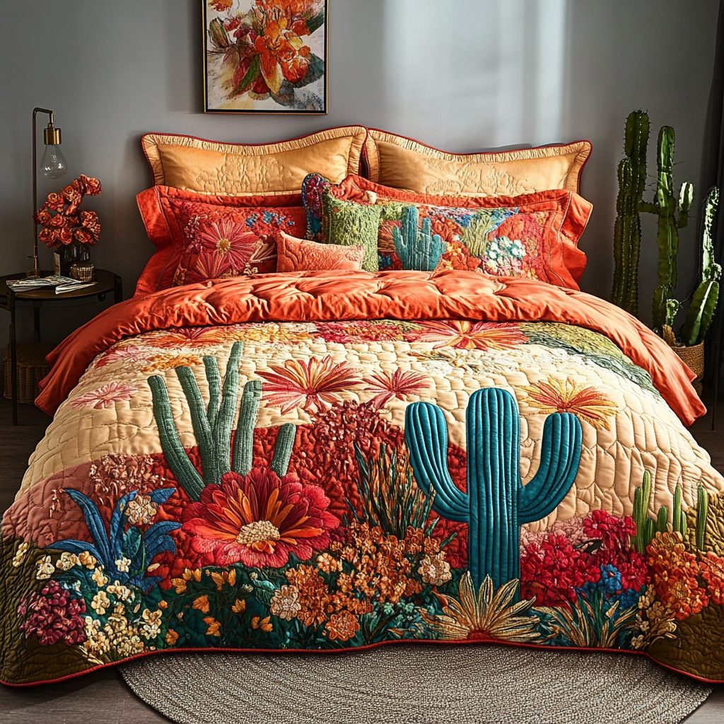 Flora Dream quilted 3-piece bedding set on a made bed with two matching pillow shams