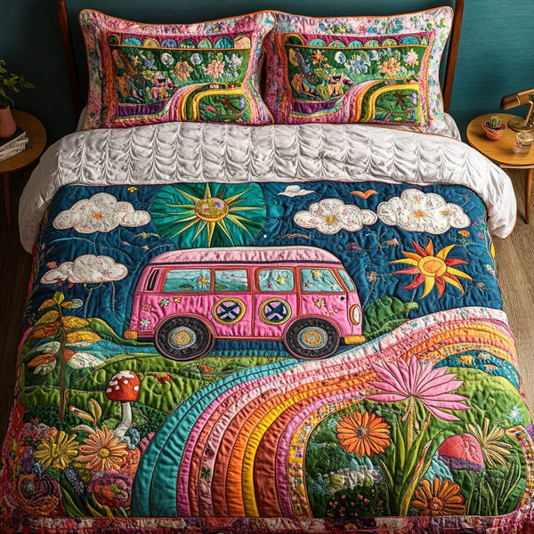 Floral Adventure quilted 3-piece bedding set on a made bed in a winter-styled bedroom
