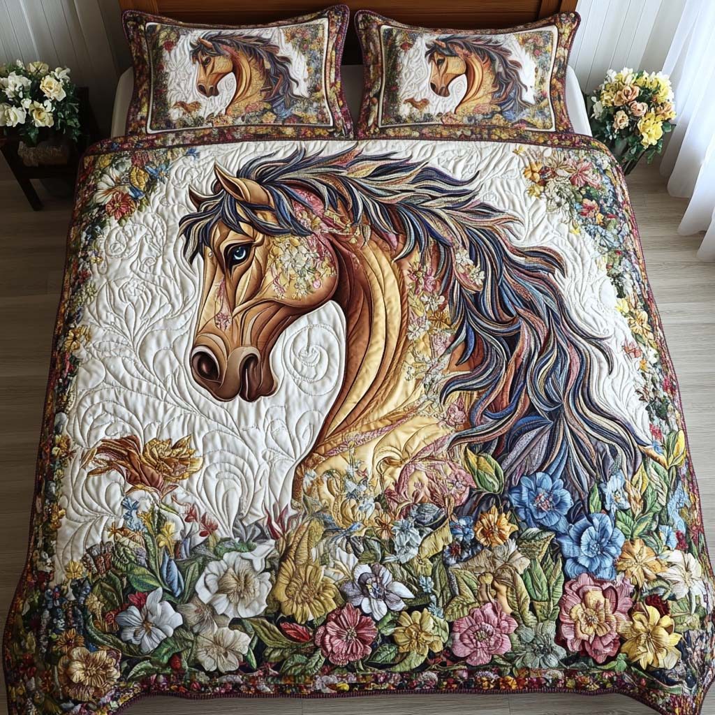 Floral Beauty quilted 3-piece bedding set on a made bed with two matching pillow shams