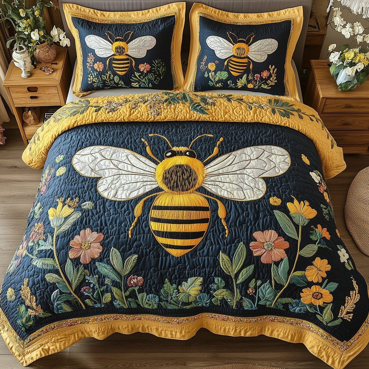 Floral Bee quilted 3-piece bedding set on a made bed with two matching pillow shams