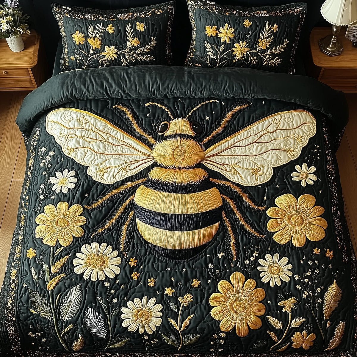 Floral Bee quilted 3-piece bedding set on a made bed with two matching pillow shams