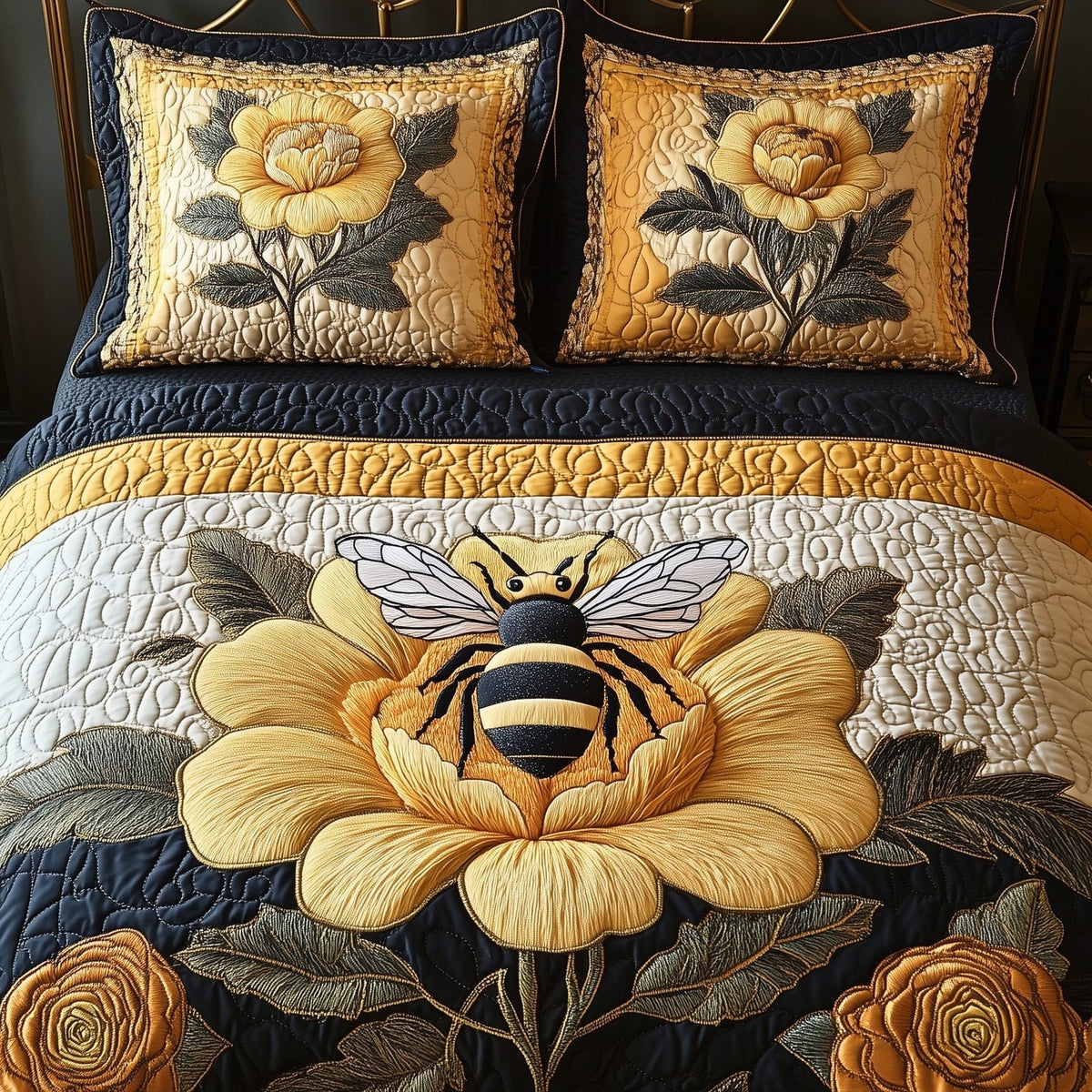 Floral Bee quilted 3-piece bedding set on a made bed with two matching pillow shams