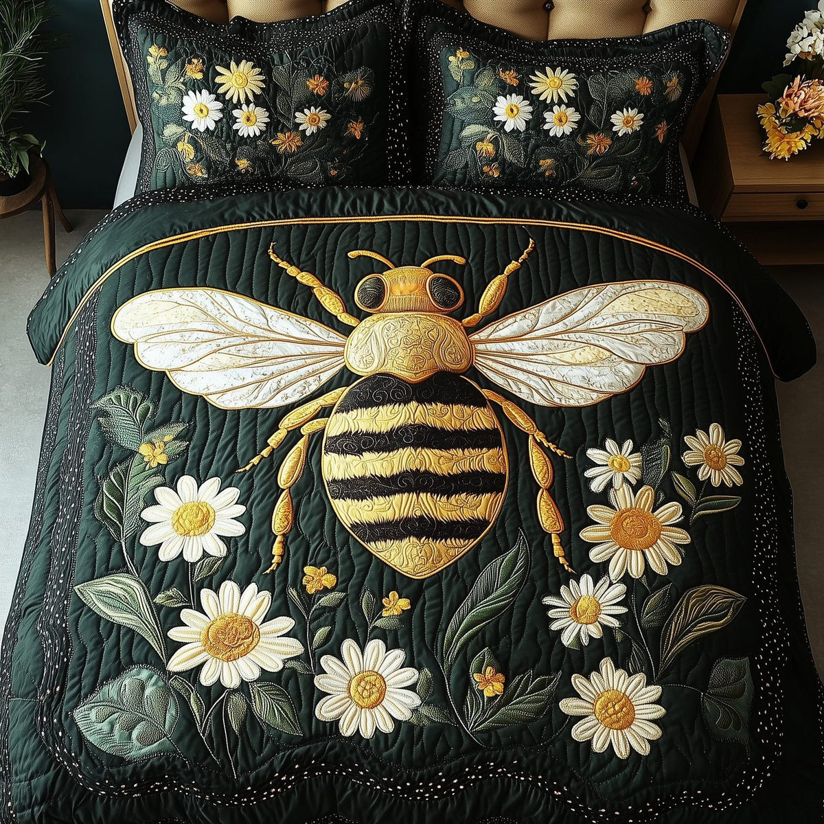 Floral Bee quilted 3-piece bedding set on a made bed with two matching pillow shams