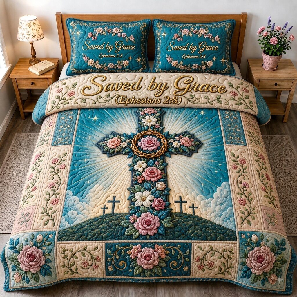 Floral Bible Beauty quilted 3-piece bedding set on a made bed in a softly lit bedroom