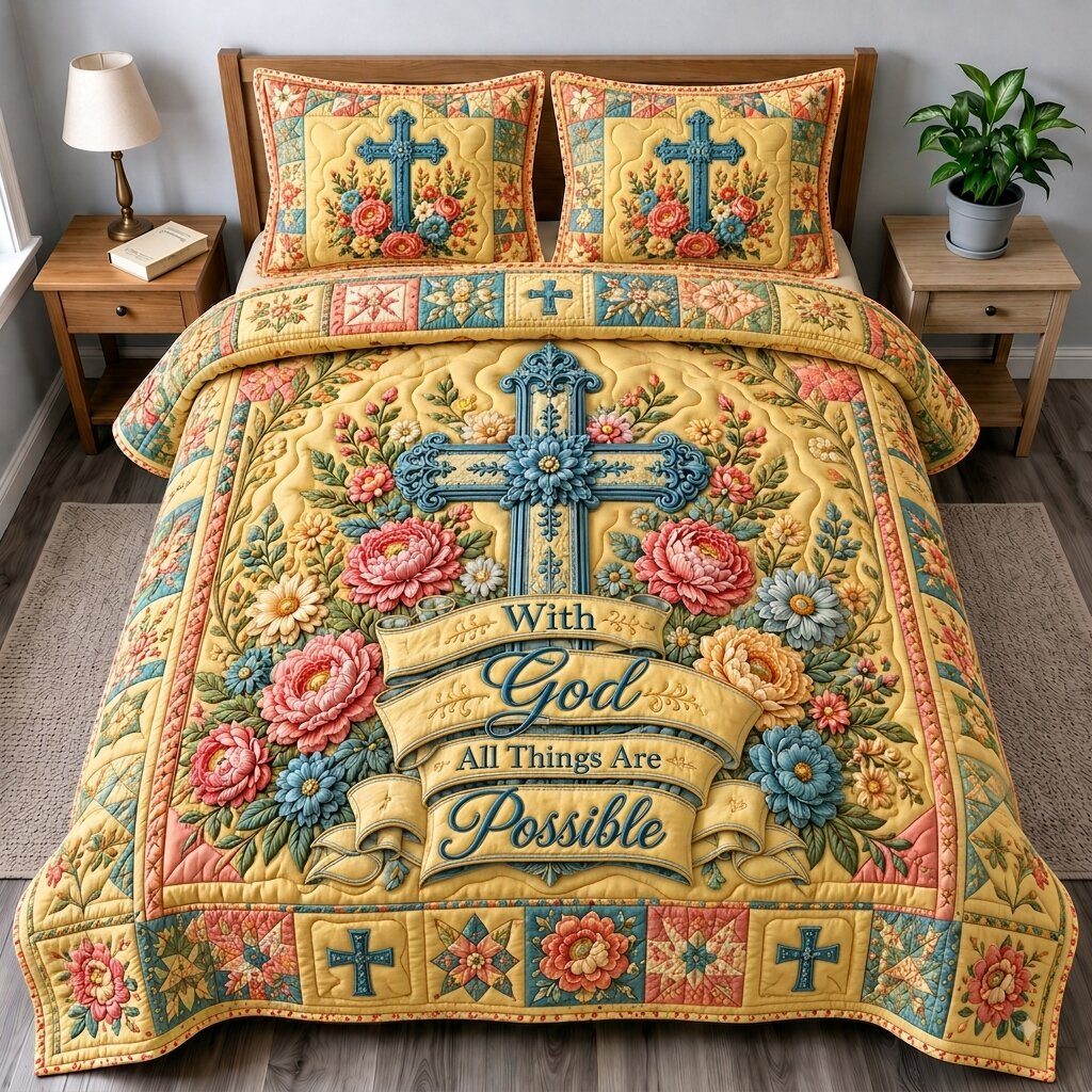 Floral Bible Blessings quilted 3-piece bedding set on a made bed in a softly lit bedroom