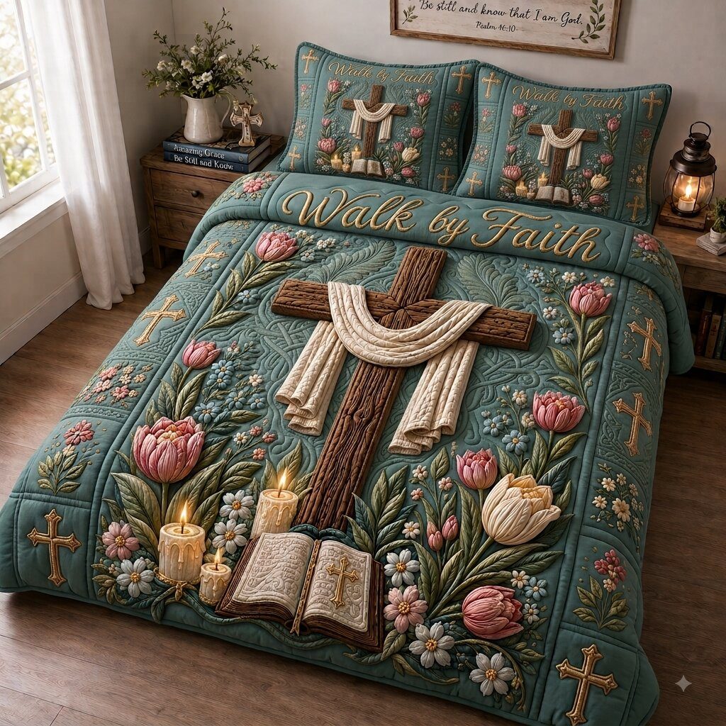 Floral Bible Faith quilted 3-piece bedding set on a made bed in a softly lit bedroom