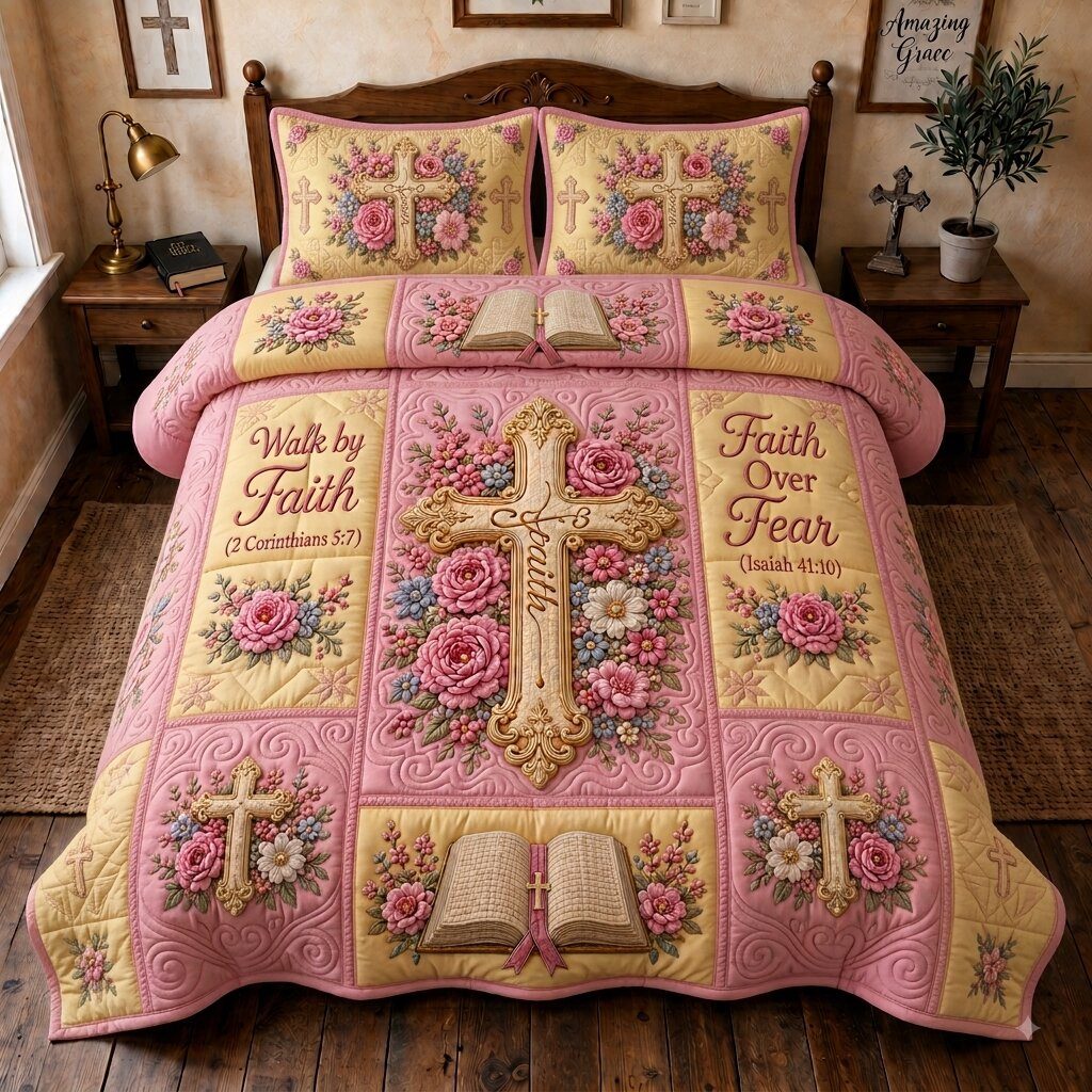 Floral Bible Hope quilted 3-piece bedding set on a made bed in a softly lit bedroom