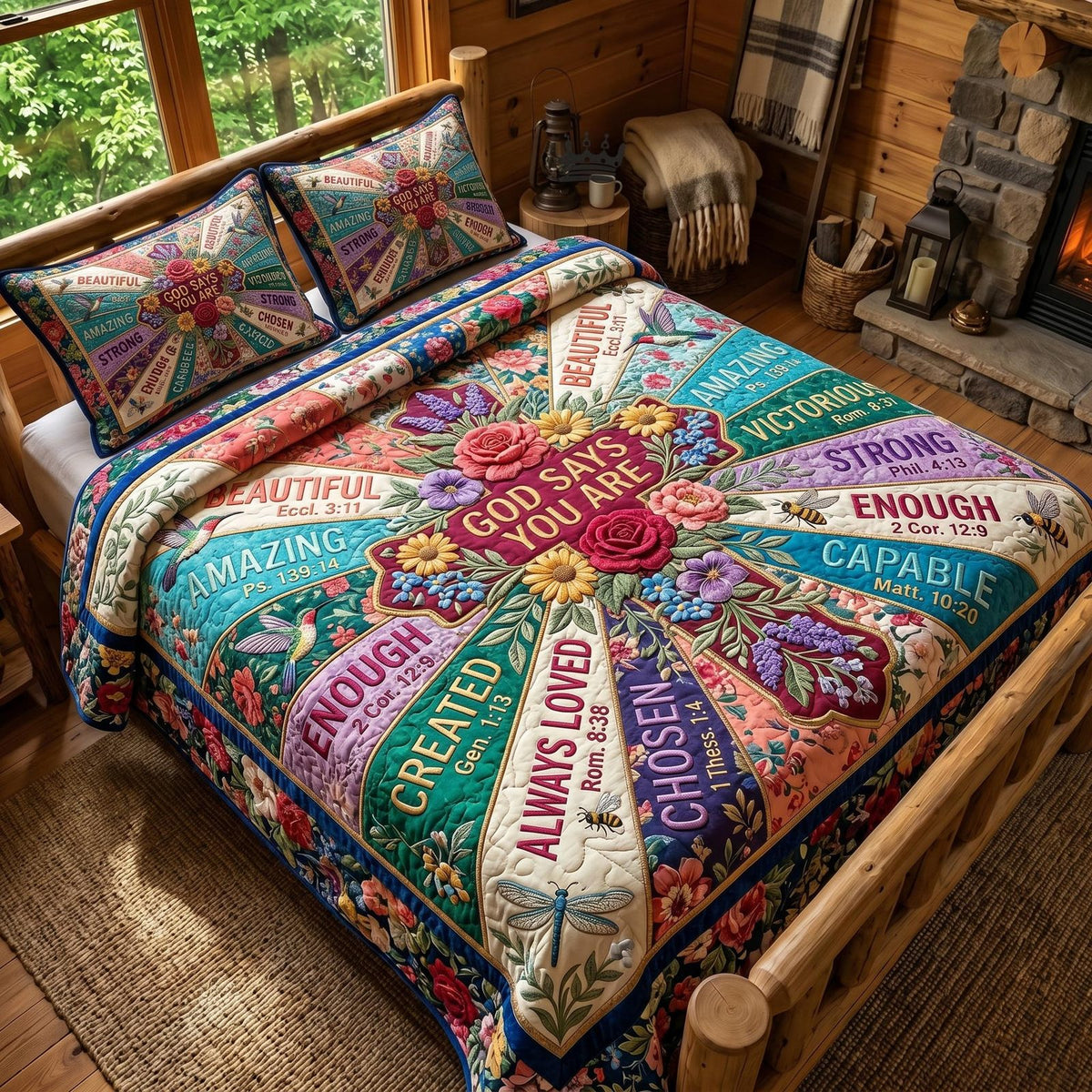 Floral Bible quilted 3-piece bedding set on a made bed in a softly lit bedroom