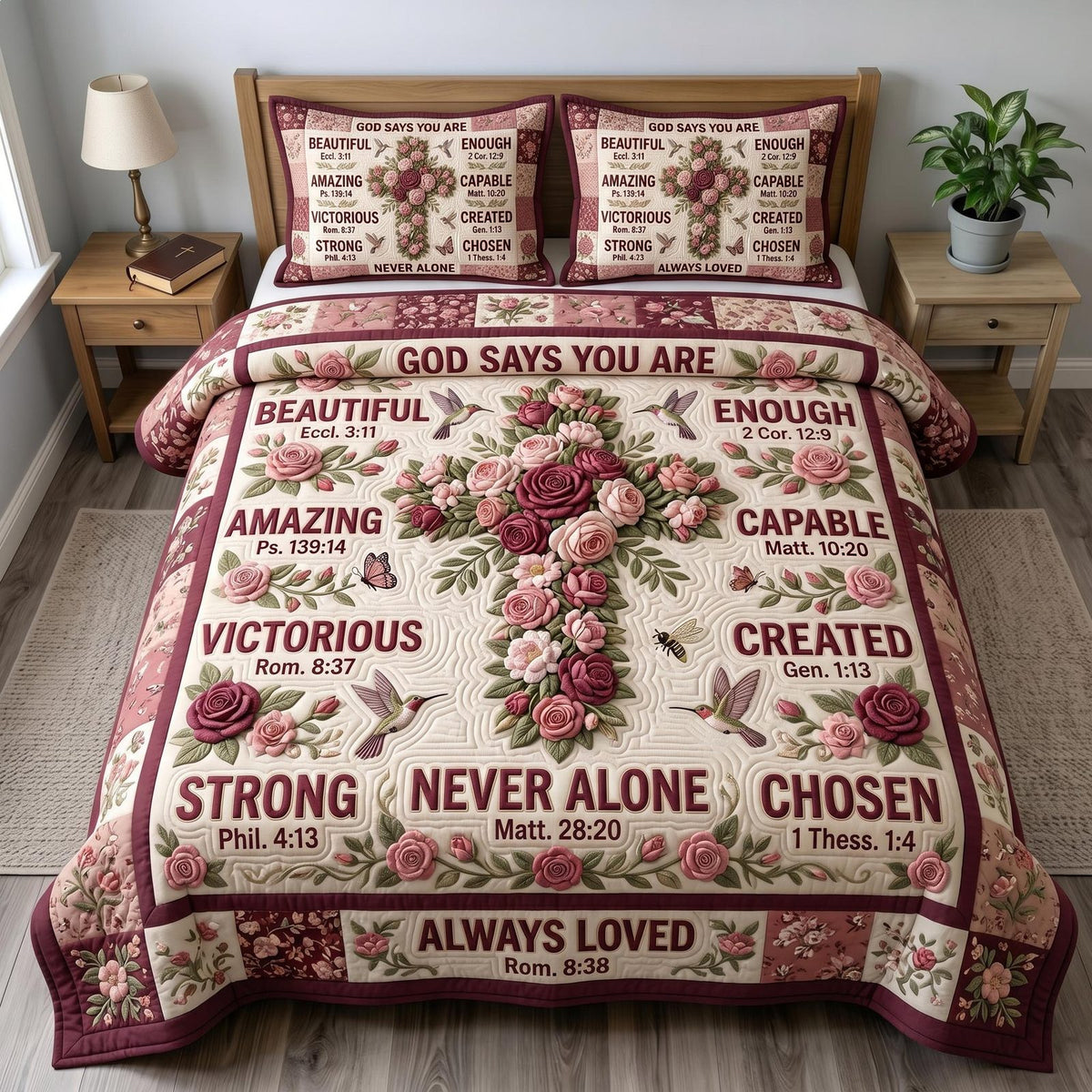 Floral Bible quilted 3-piece bedding set on a made bed in a softly lit bedroom
