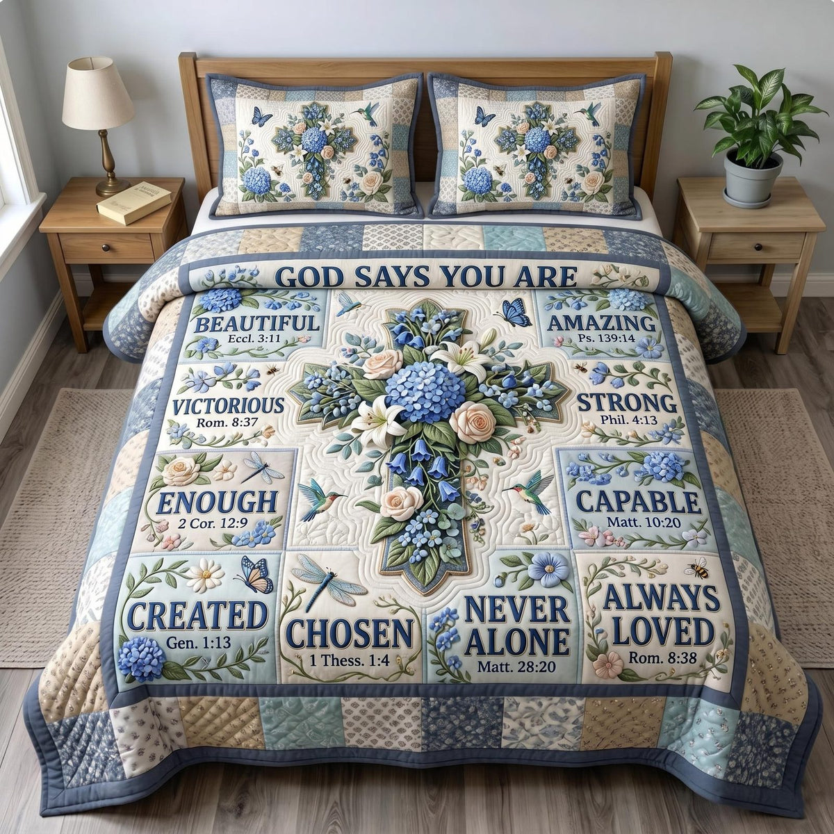 Floral Bible quilted 3-piece bedding set on a made bed in a softly lit bedroom