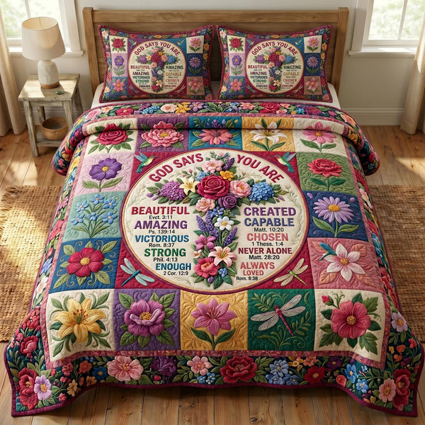 Floral Bible quilted 3-piece bedding set on a made bed in a softly lit bedroom