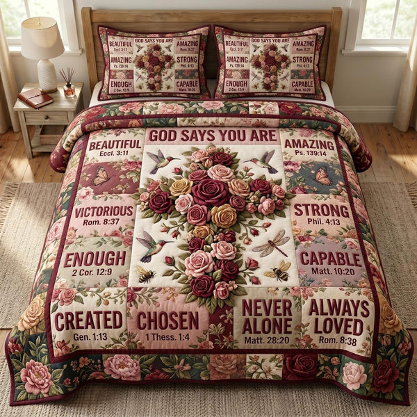 Floral Bible quilted 3-piece bedding set on a made bed in a softly lit bedroom