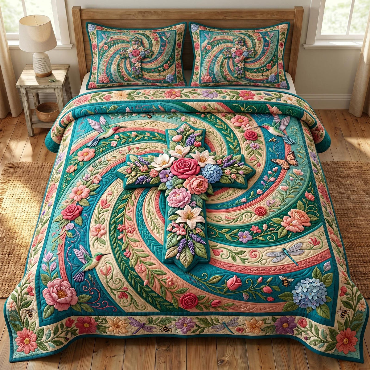 Floral Bible quilted 3-piece bedding set on a made bed in a softly lit bedroom