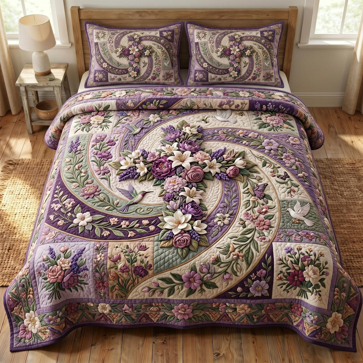 Floral Bible quilted 3-piece bedding set on a made bed in a softly lit bedroom