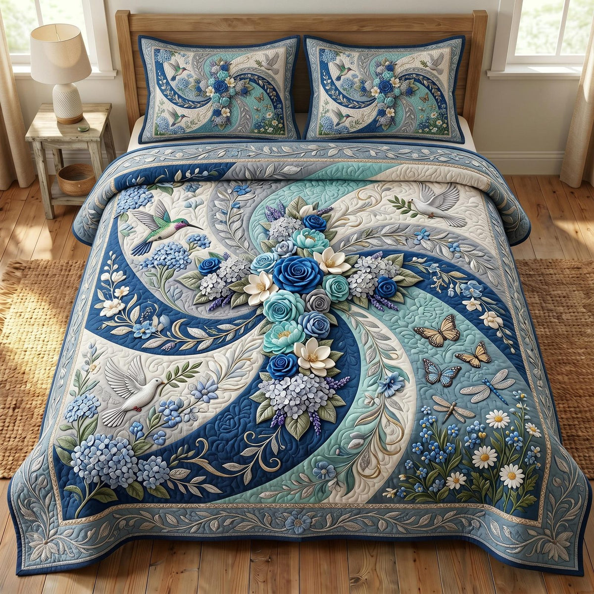 Floral Bible quilted 3-piece bedding set on a made bed in a softly lit bedroom