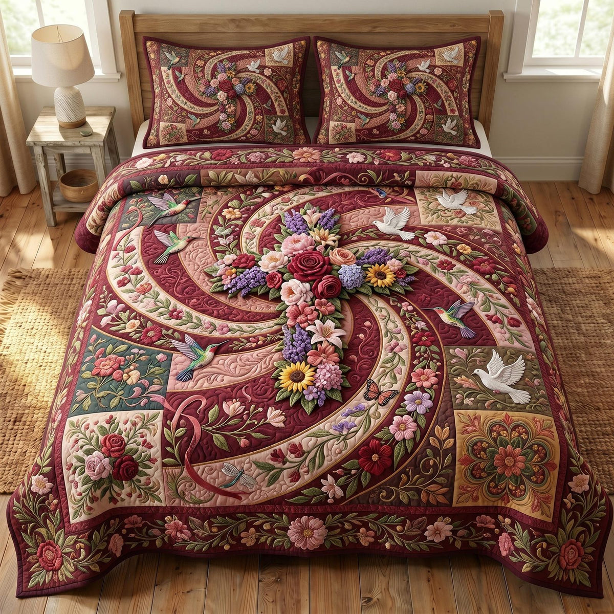 Floral Bible quilted 3-piece bedding set on a made bed in a softly lit bedroom