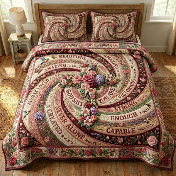 Floral Bible quilted 3-piece bedding set on a made bed in a softly lit bedroom