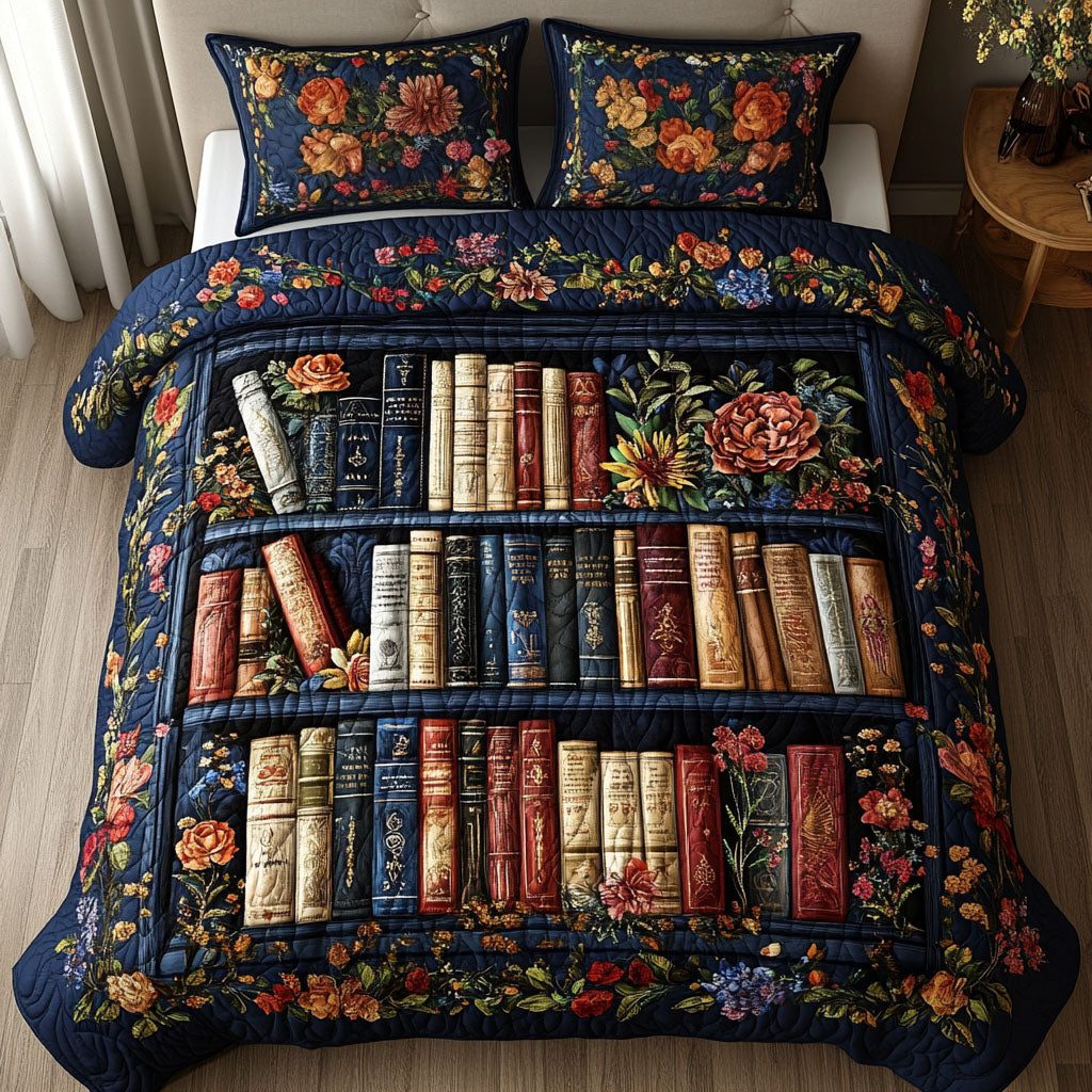 Floral Bookshelf quilted 3-piece bedding set on a made bed with two matching pillow shams