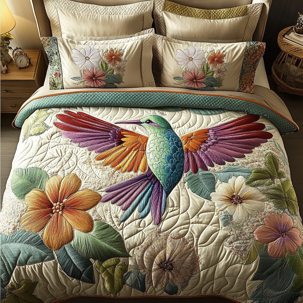 Floral Breeze quilted 3-piece bedding set on a made bed with two matching pillow shams