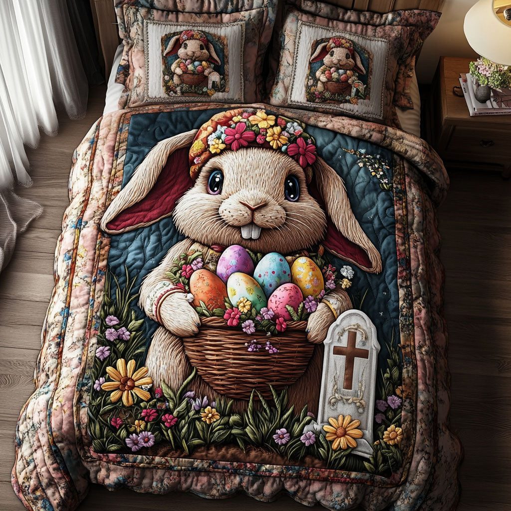 Floral Bunny Basket quilted 3-piece bedding set on a made bed with two matching pillow shams