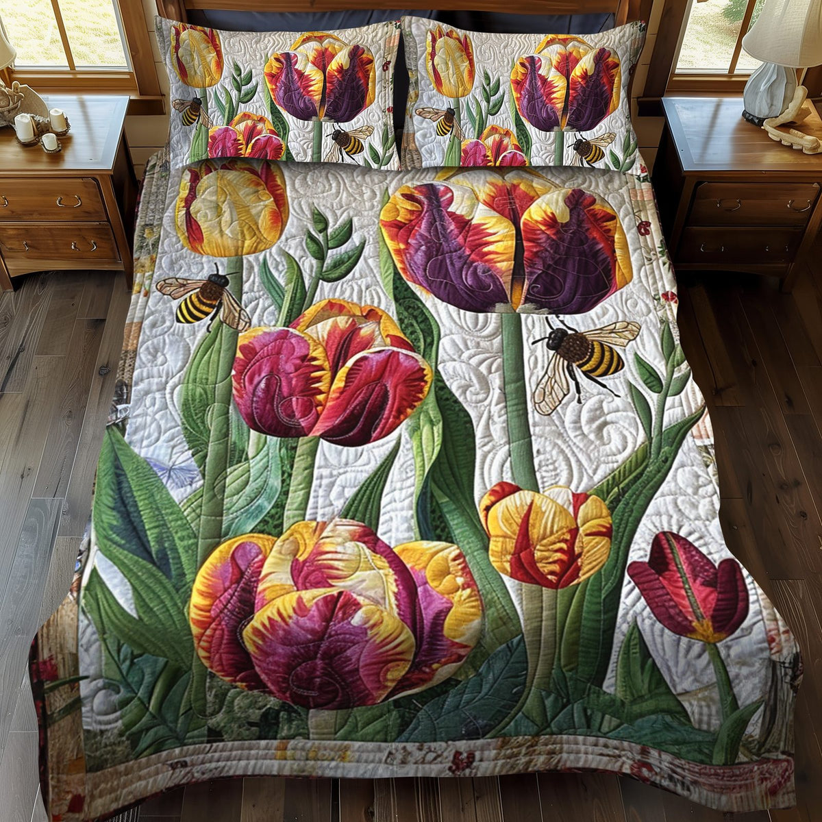 Floral Buzz quilted 3-piece bedding set on a made bed with two matching pillow shams