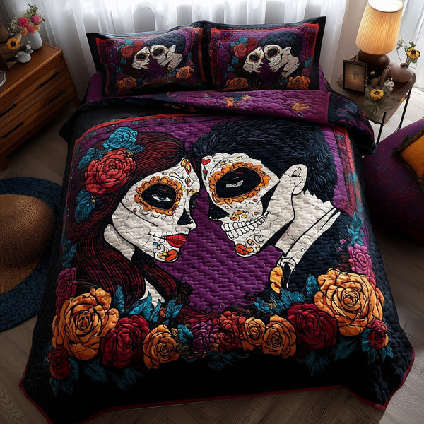 Floral Calavera quilted 3-piece bedding set on a made bed with two matching pillow shams