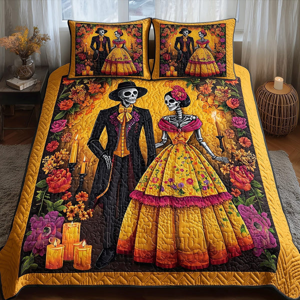 Floral Calavera quilted 3-piece bedding set on a made bed with two matching pillow shams