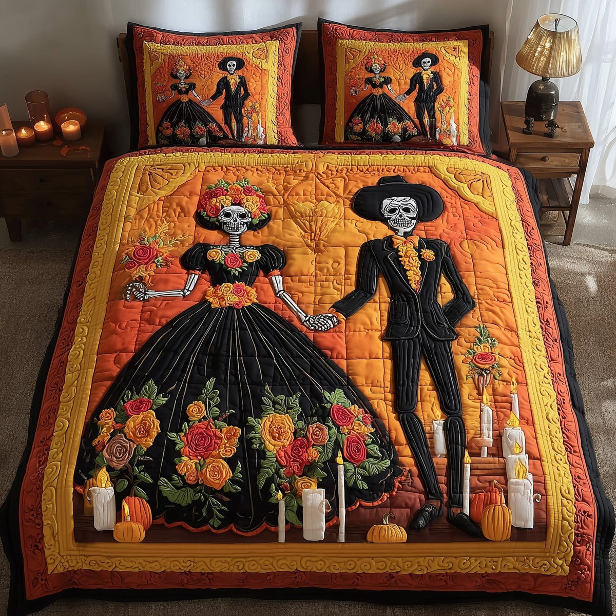 Floral Calavera quilted 3-piece bedding set on a made bed with two matching pillow shams