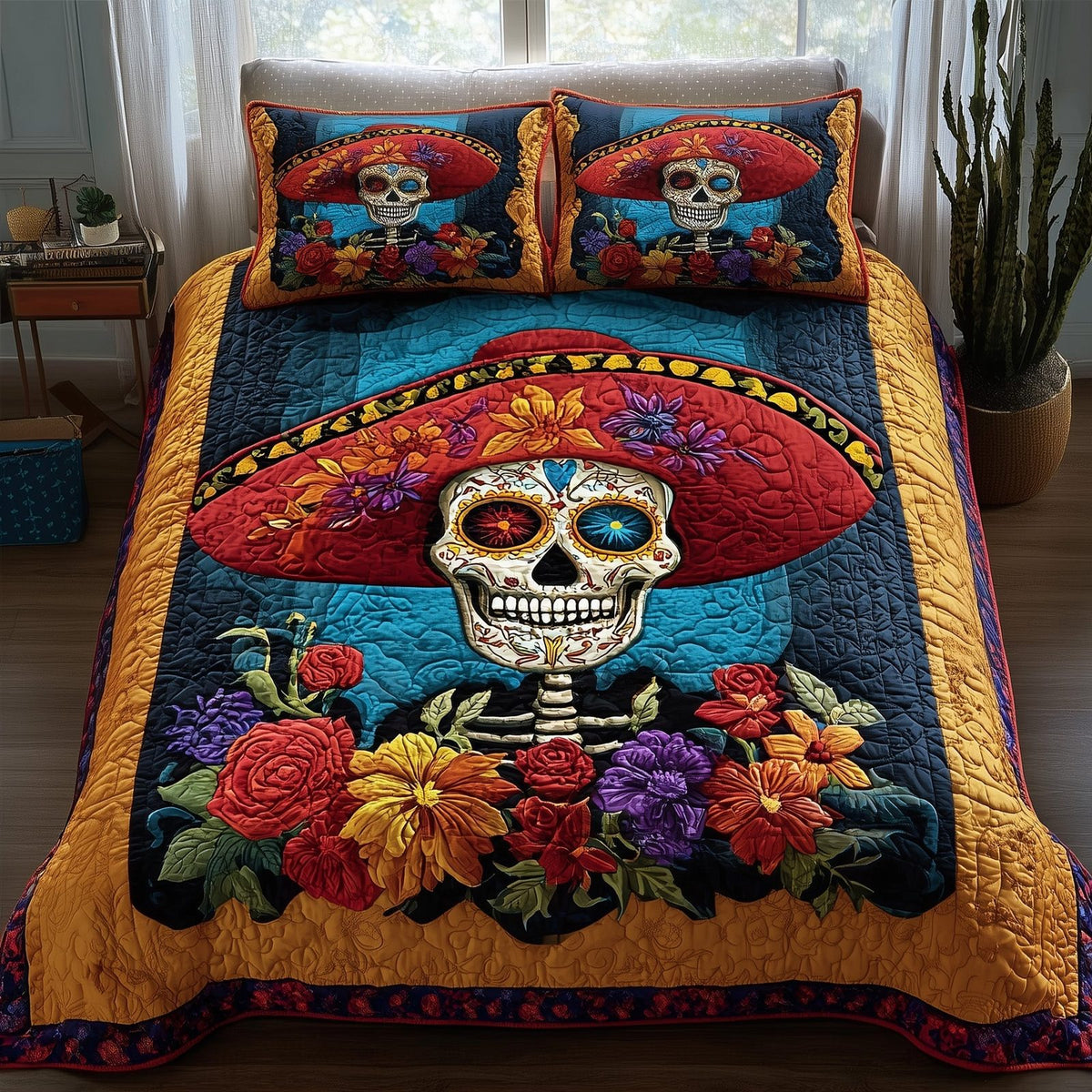 Floral Calavera quilted 3-piece bedding set on a made bed with two matching pillow shams
