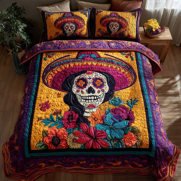 Floral Calavera quilted 3-piece bedding set on a made bed with two matching pillow shams