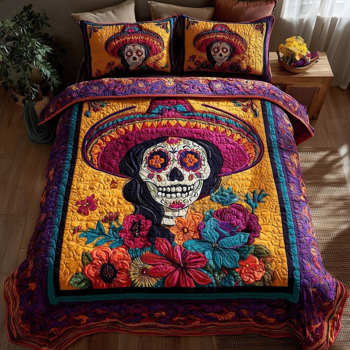 Floral Calavera quilted 3-piece bedding set on a made bed with two matching pillow shams