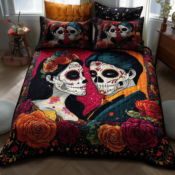 Floral Calavera quilted 3-piece bedding set on a made bed with two matching pillow shams