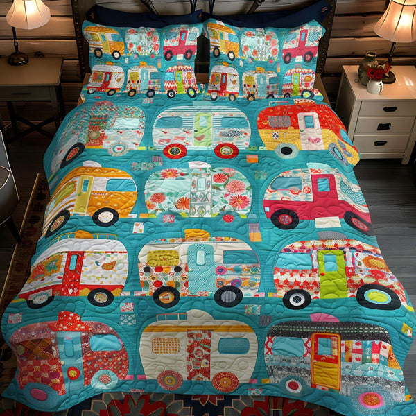Floral Camping quilted 3-piece bedding set on a made bed with two matching pillow shams