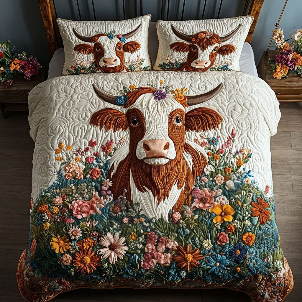 Floral Cow Dreamscape quilted 3-piece bedding set on a made bed with two matching pillow shams