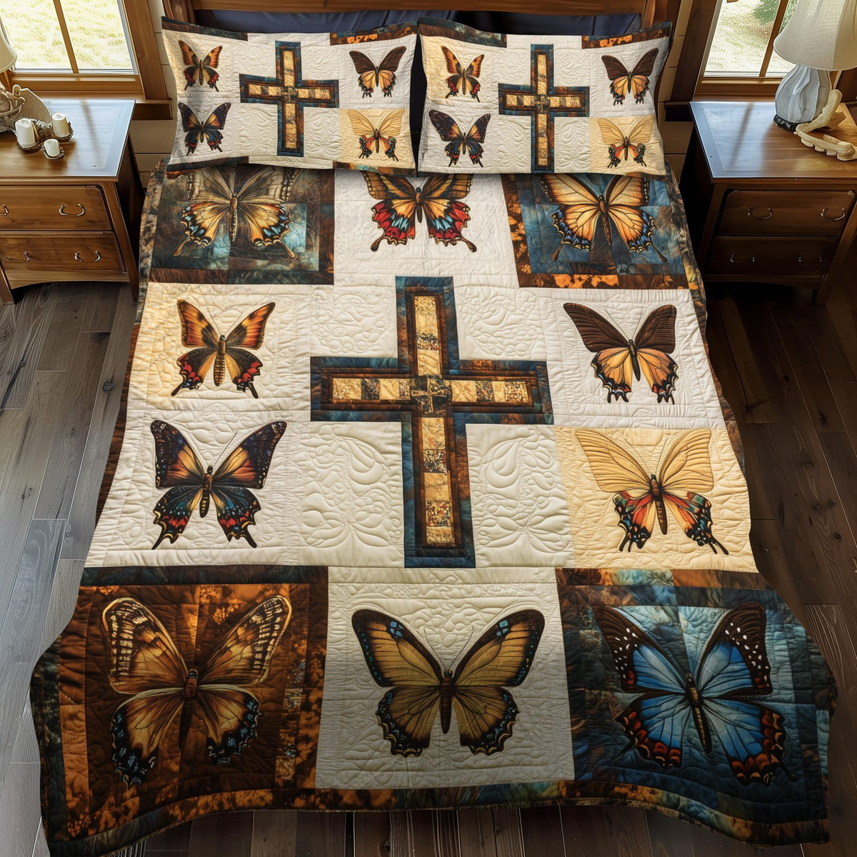 Floral Cross quilted 3-piece bedding set on a made bed in a softly lit bedroom
