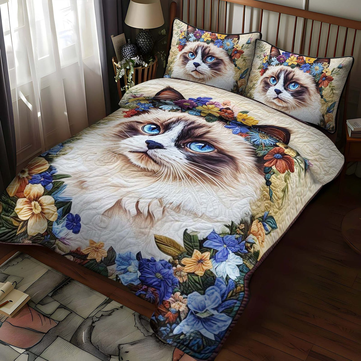Floral Crown Cat quilted 3-piece bedding set on a made bed with two matching pillow shams