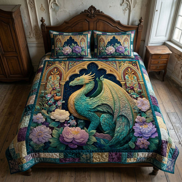 Floral Dragon quilted 3-piece bedding set on a made bed with two matching pillow shams