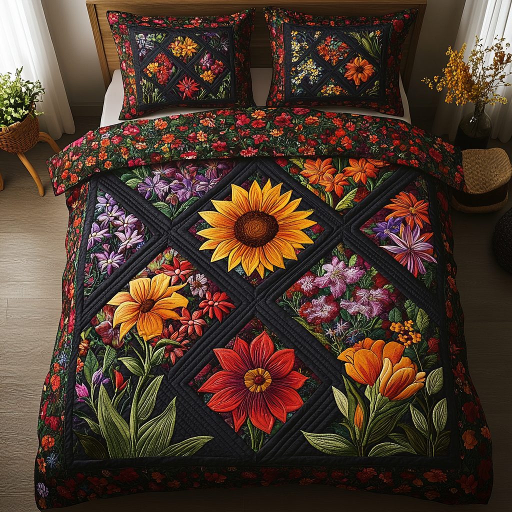 Floral Dream quilted 3-piece bedding set on a made bed with two matching pillow shams