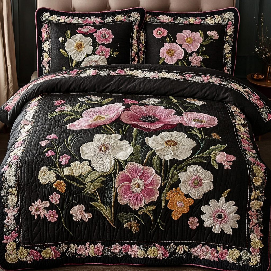 Floral Dream quilted 3-piece bedding set on a made bed with two matching pillow shams