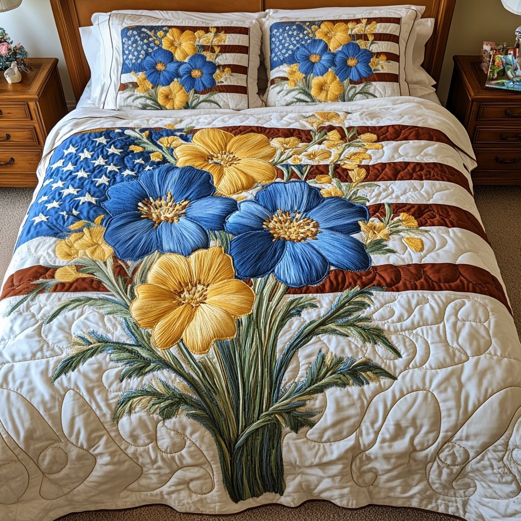 Floral Dreams quilted 3-piece bedding set on a made bed with two matching pillow shams