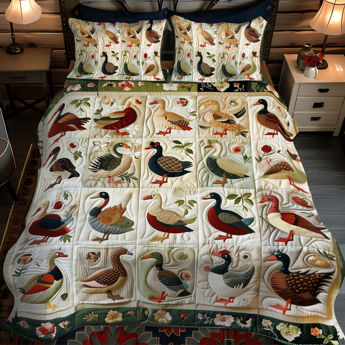 Floral Duck quilted 3-piece bedding set on a made bed with two matching pillow shams