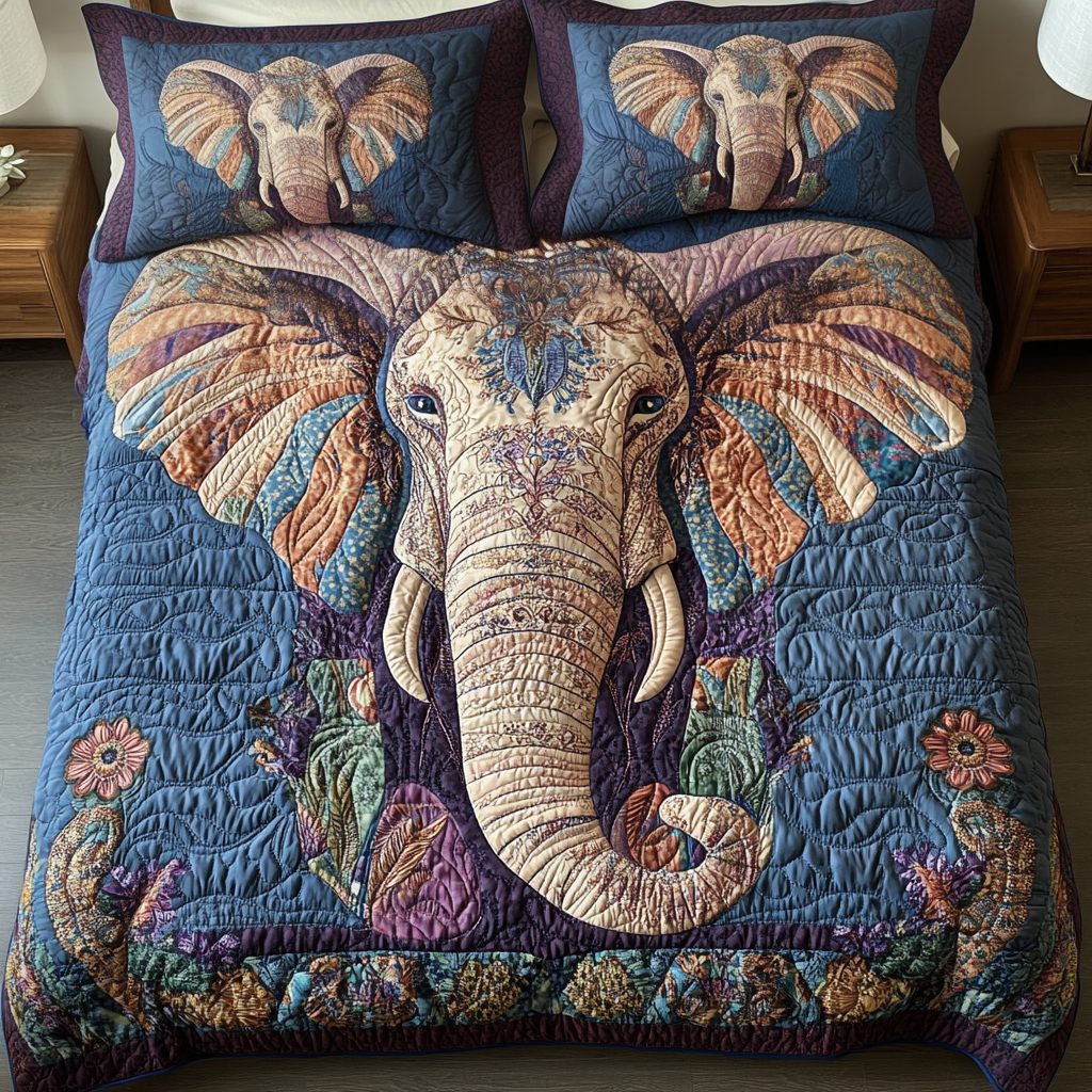 Floral Elegance Elephant quilted 3-piece bedding set on a made bed with two matching pillow shams