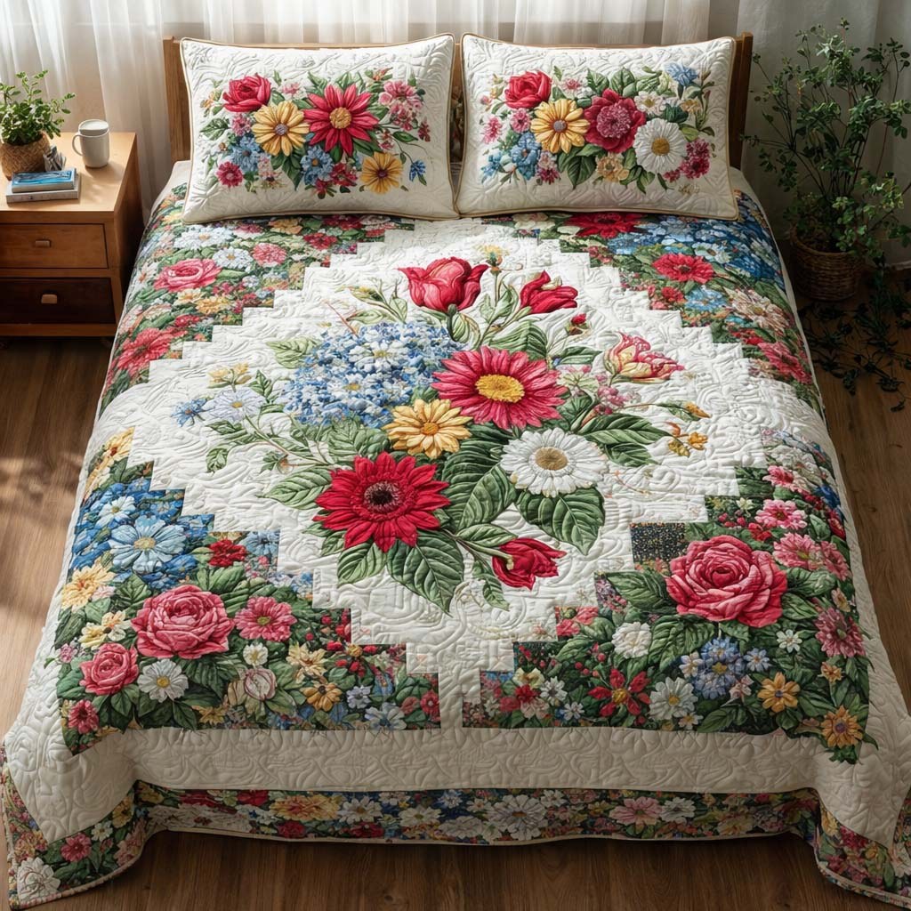Floral Elegance quilted 3-piece bedding set on a made bed with two matching pillow shams