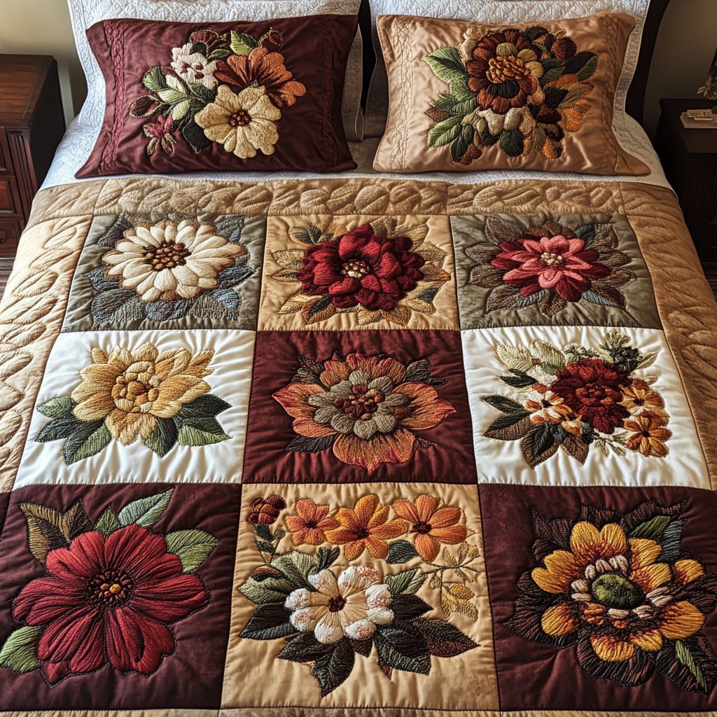 Floral Fantasy quilted 3-piece bedding set on a made bed with two matching pillow shams