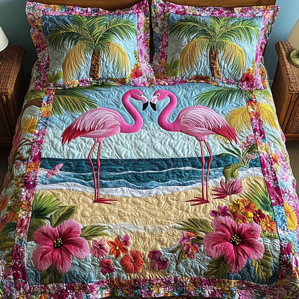 Floral Flamingo quilted 3-piece bedding set on a made bed with two matching pillow shams